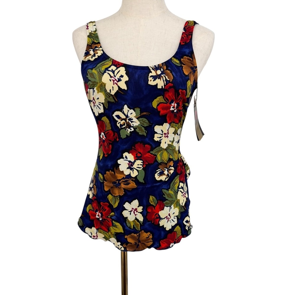 NWT Jantzen Vintage Classic Retro One Piece Swimsuit 10 Floral Skirt Polynesian